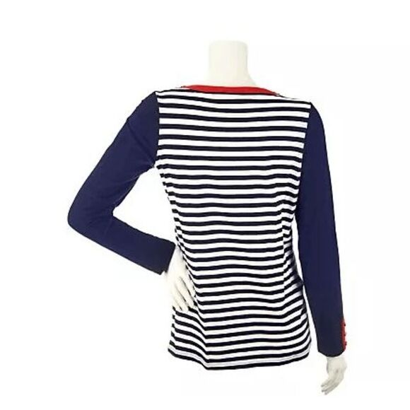 Susan Graver Women 2X Weekend Striped Stretch Top Navy Red Button Detail NWT - Picture 1 of 5